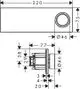 Diagramm eines Hansgrohe-Produktes mit Maßen und Details, einschließlich eines runden Anschlusses und einer Spezialbefestigung. Technische Zeichnung mit genauen Abmessungen.
